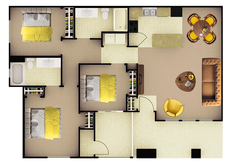 Floor plan for 3 beds, 2 baths, 1486 sqft